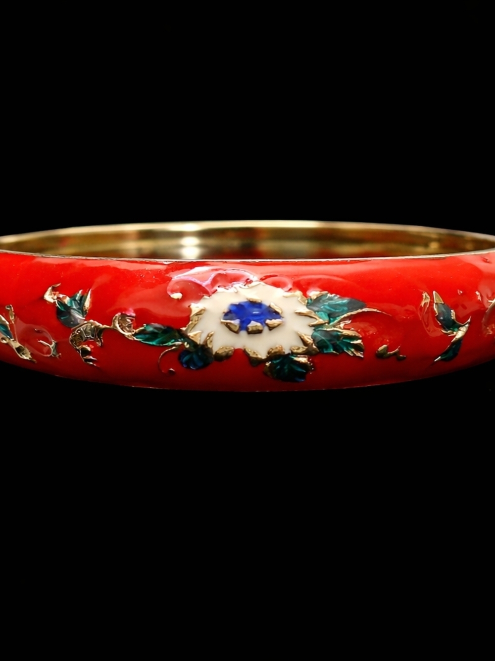 Source Unknown Red Enamel Floral Cloisonné Bangle with Gold Accents